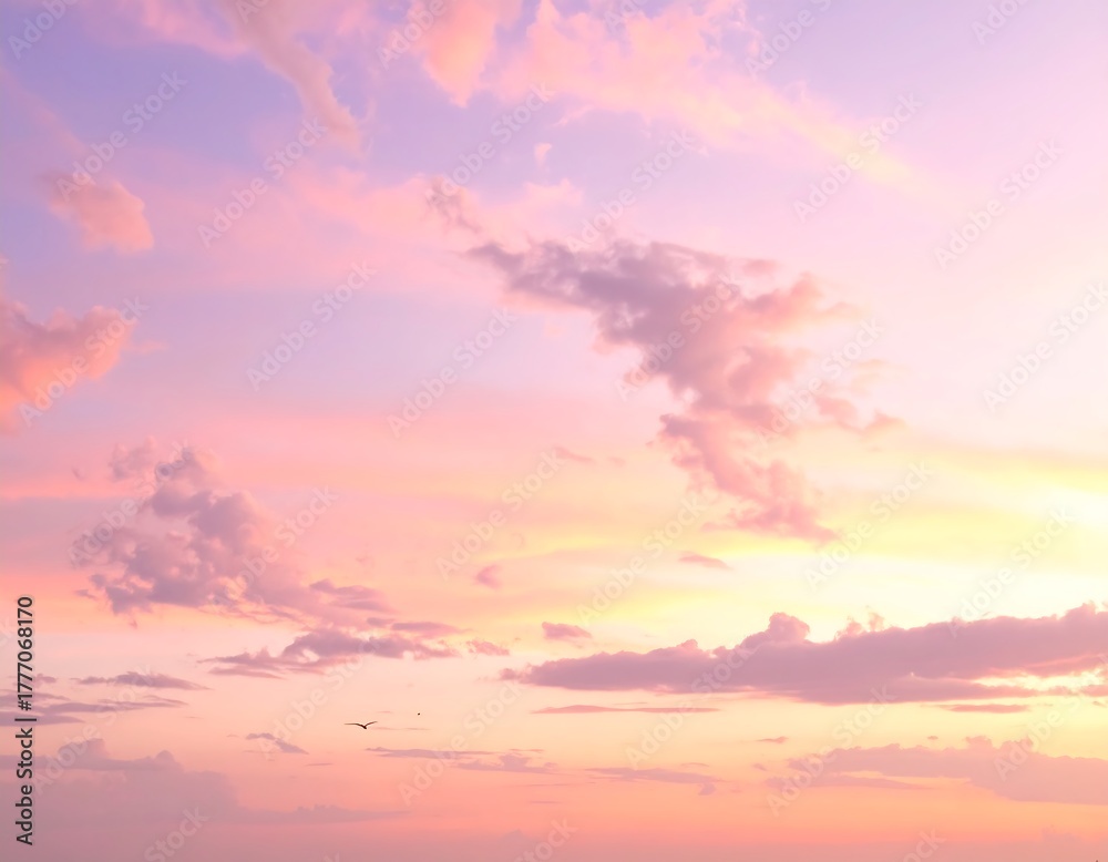 Obraz premium Pink and purple pastel-hued sky with scattered clouds; serene atmosphere