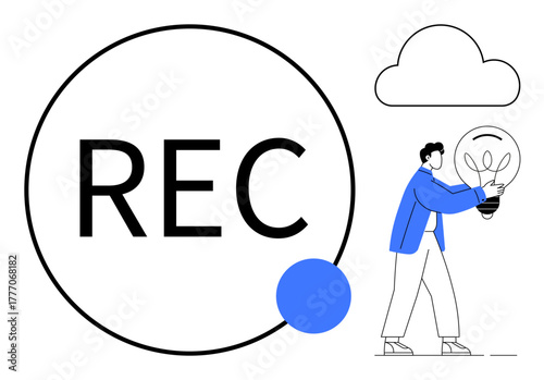 Bold REC text inside a circle, person holding glowing lightbulb, and cloud. Ideal for recording, creativity, technology, innovation, inspiration cloud storage and remote work. Simple flat metaphor
