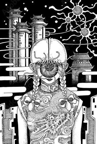 モノクロームイラスト・手描き・ペン画 - ロボット・ヒューマノイド・未来都市・オリエンタル