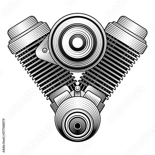 Monochrome vector illustration of a V twin motorcycle engine block detailed vintage woodcut engraving style for garage logos biker club emblems retro mechanical
