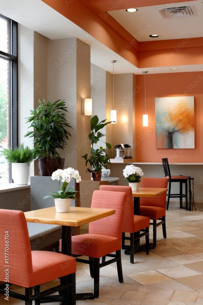 Fototapeta premium Modern cafe interior with orange walls and dining tables