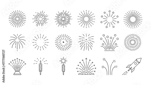 Set of Firework Outline Icons: Minimalist Vector Graphic Collection for Celebration, Party, and Festival Apps or Websites