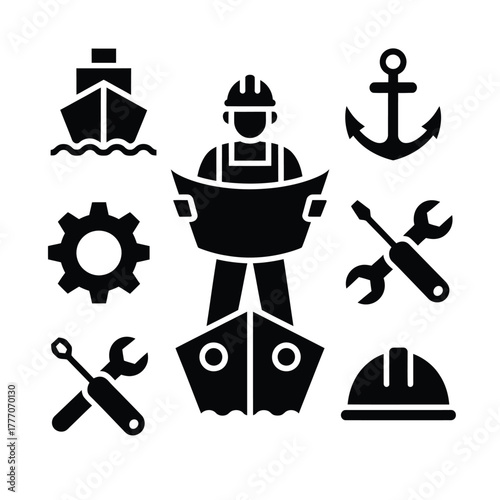 Nautical engineering and shipbuilding icons with a central shipbuilder