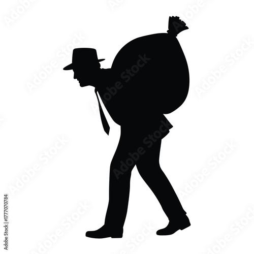 Silhouette of a man in a hat carrying a large sack on his back