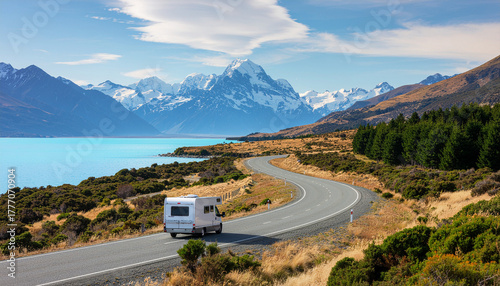 A camper van drives along a winding road beside a bright turquoise lake. Snow-capped mountains, including Mount Cook, dominate the background.