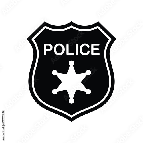 Black and white police badge with star emblem and word police
