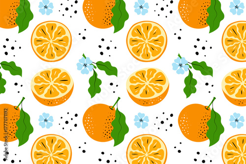 Orange Fruits Pattern on White Background. Seamless Citrus Vector Illustration