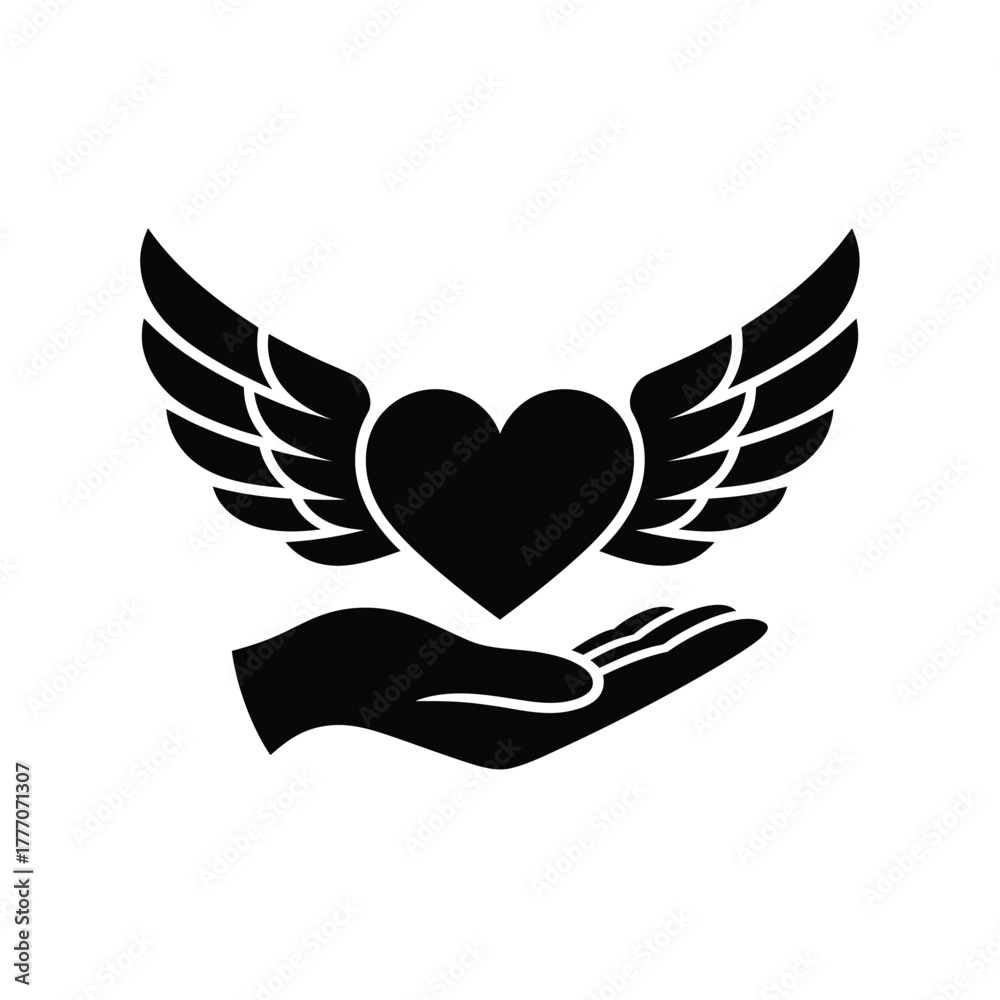 Obraz premium Black silhouette of a heart with wings resting on an open hand