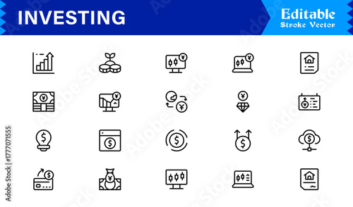 Investing line icon set with professional, modern, minimal designs featuring unique financial symbols, stock market elements, and clean vector style for premium digital projects