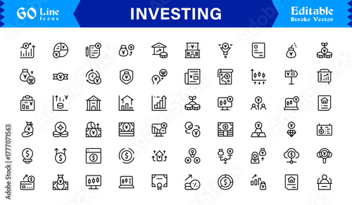Investing line icon set with professional, modern, minimal designs featuring unique financial symbols, stock market elements, and clean vector style for premium digital projects