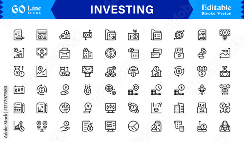 Investing line icon set with professional, modern, minimal designs featuring unique financial symbols, stock market elements, and clean vector style for premium digital projects