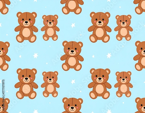 Repeating pattern of cartoon teddy bears with starry backdrop