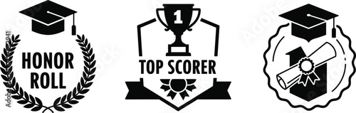 Academic achievement badge icons vector—honor roll, top scorer, and graduation shield for excellence and milestone-themed compositions