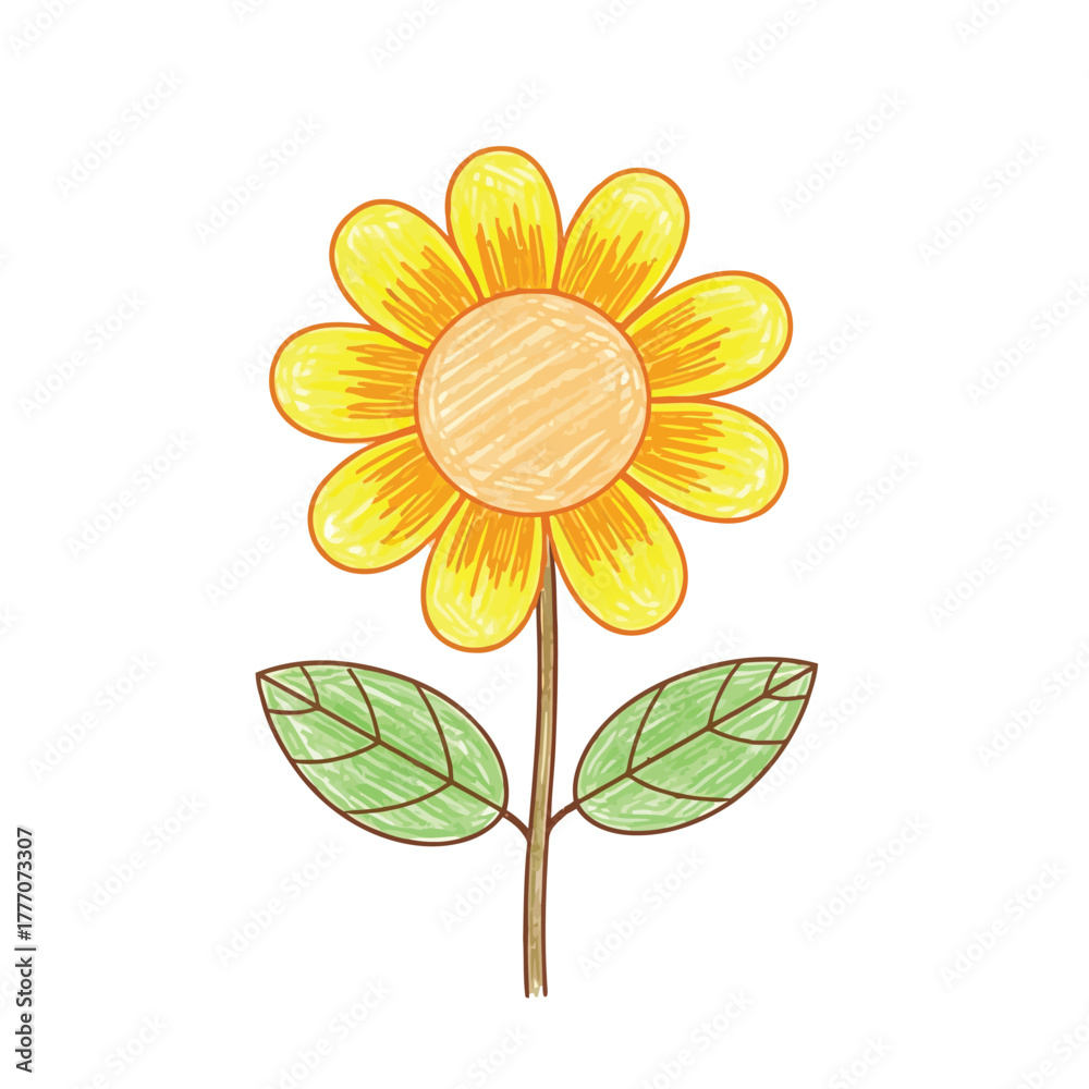 Fototapeta premium Bright yellow sunflower with green leaves