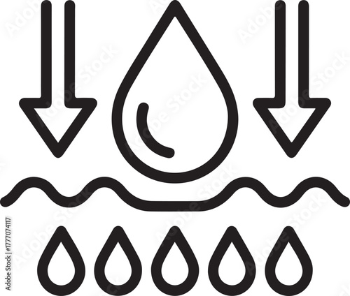 Water absorption and filtration icon with arrows and droplets