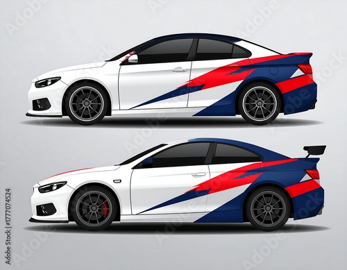 Side view of two racing cars with vibrant color scheme and aerodynamic elements