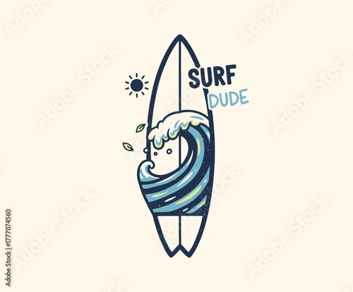 Surfboard and Wave Illustration. Retro Surf Dude Graphic. Summer Beach Emblem. Vintage Surfing Badge. Ocean Lifestyle Vector Art