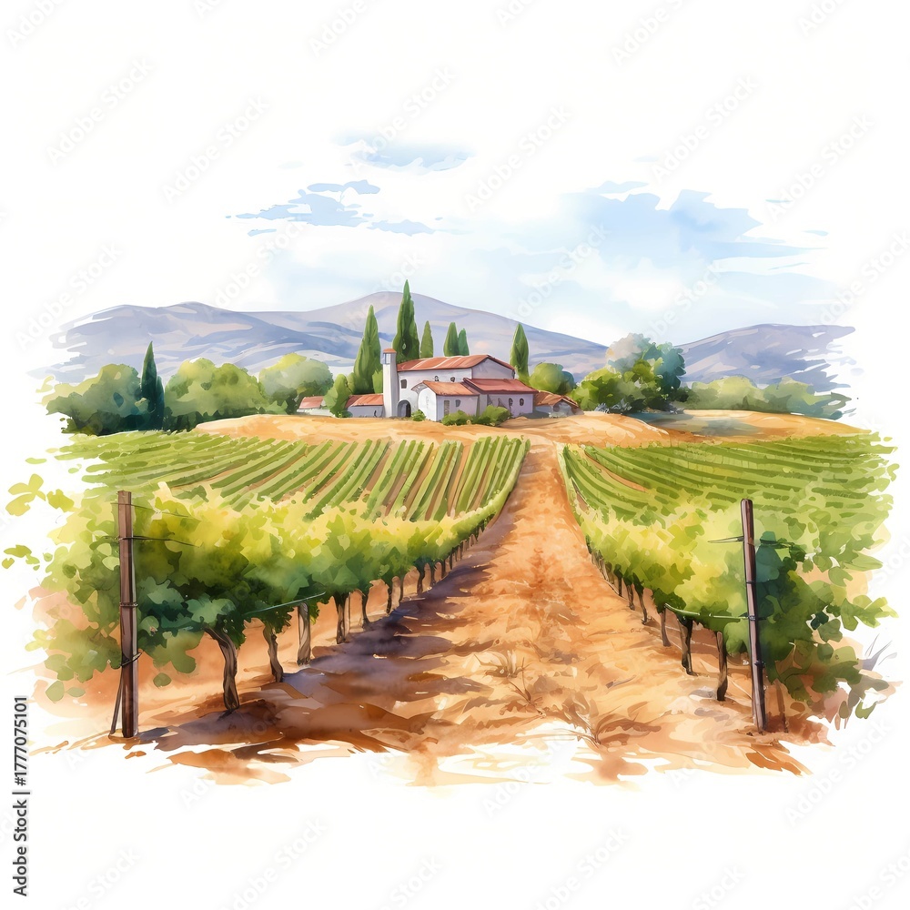 Obraz premium Vineyard landscape with a farmhouse nestled amongst the rolling hills