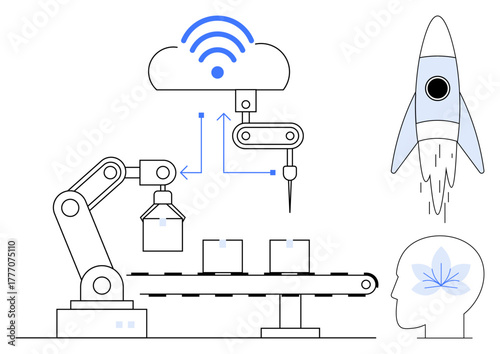 Robotic arm loading boxes, cloud with wireless connectivity, rocket symbolizing innovation, human head indicating creativity. Ideal for themes thumbs up AI, innovation, technology, automation