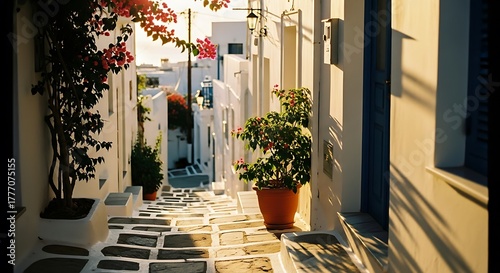 Fototapeta Naklejka Na Ścianę i Meble -  Charming Greek Alleyway with Blooming Bougainvillea and Potted Plants.
