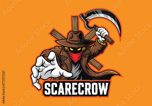 Scarecrow gaming logo featuring reaper scythe and cowboy hat - Gaming logo - Gaming Mascot - esport mascot vector illustration