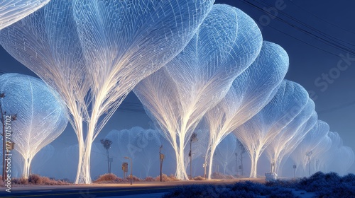 Ethereal glowing trees line a futuristic highway at dusk, creating a serene and otherworldly landscape.