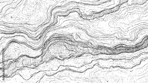 Black and white topographic map lines representing terrain elevation and contours topography