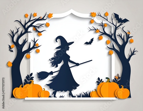 Silhouette of a witch on a broom, pumpkins, trees, and bats