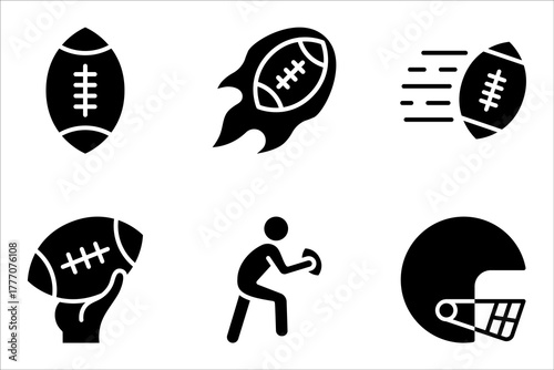 Set of rugby icons featuring balls, players, jerseys, helmets, vector illustration on white background