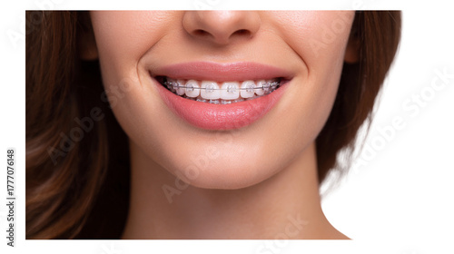 Smiling woman with braces showing her teeth, promoting dental health and orthodontic treatment benefits