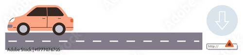 Orange car on a dashed road, adjacent to a download arrow and warning icon. Ideal for transportation, technology, navigation, safety, downloading, alerts and caution concepts. Simple flat metaphor