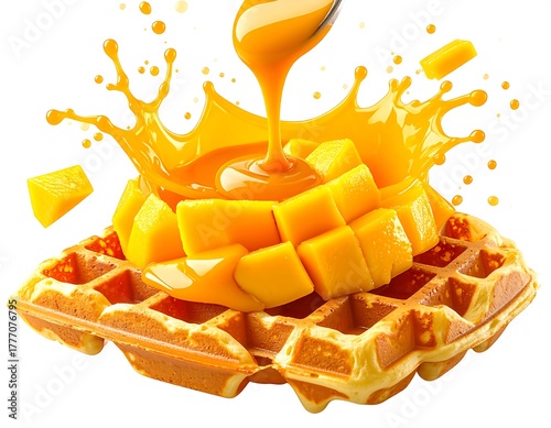 Sliced mango and sauce over a waffle with a splash, isolated on white