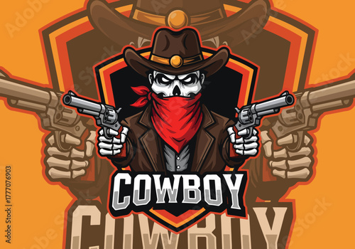 Gritty cowboy skeleton gaming logo with guns - Gaming logo - Gaming Mascot - esport mascot vector illustration