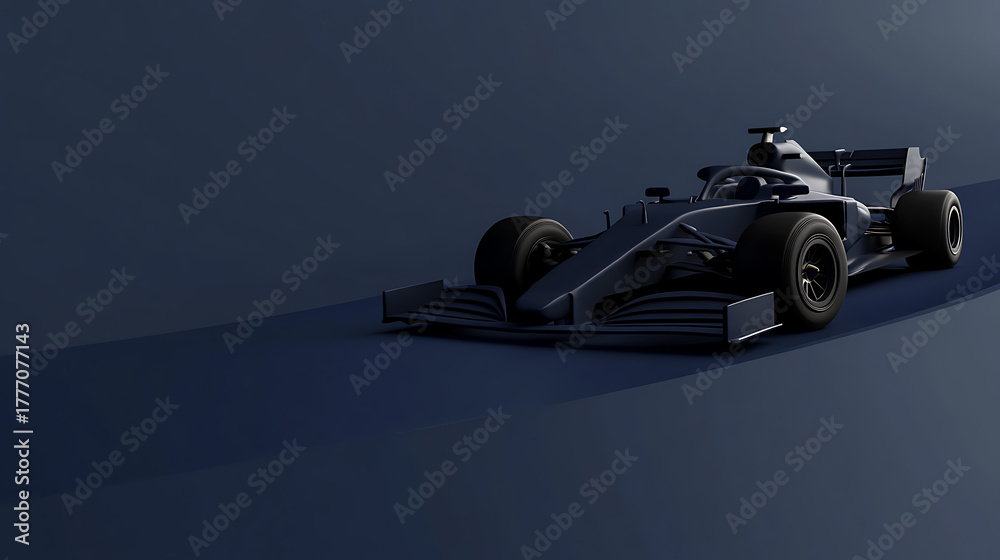 Obraz premium Sleek black race car poised for speed on a dark blue track, capturing the essence of high-speed motorsport, precision engineering, and the thrill of competitive racing.