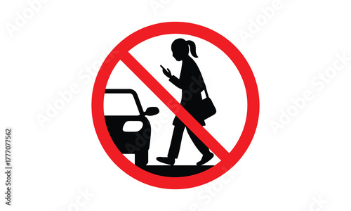 No Distracted Walking Icon – Pedestrian Phone Use Prohibited Safety Silhouette