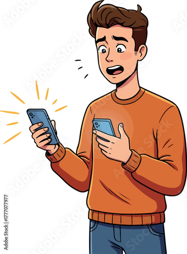 Young Man Shocked By Phone Notification In Orange Sweater Flat Design