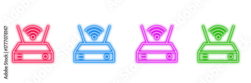 Neon glowing Wi Fi router vector icons set, wireless internet network, digital modem, vibrant connection signal, glowing pink blue green red outline illustration on transparent background.