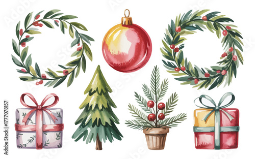 Vibrant watercolor Christmas elements bring festive cheer with wreaths, trees, gifts, and ornaments for joyful holiday designs.