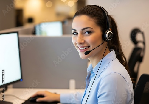 Friendly customer service agent with headset assists clients with a warm smile in a modern office