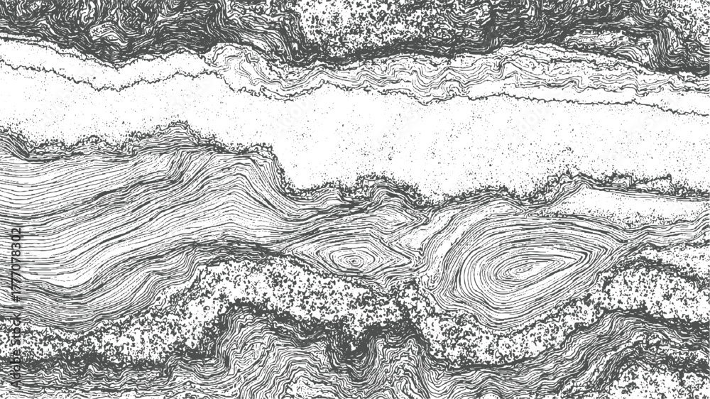 Obraz premium Abstract monochrome pattern of swirling lines and dots resembling geological strata or wood grain curves