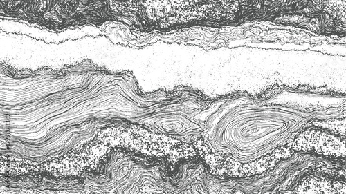 Abstract monochrome pattern of swirling lines and dots resembling geological strata or wood grain curves