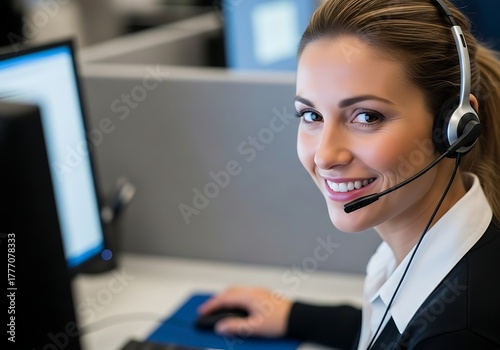 Smiling professional woman with headset assists customers at her computer workstation