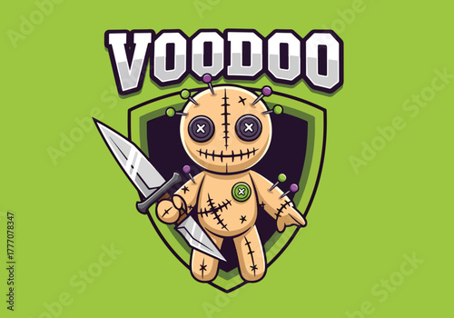 Voodoo doll gaming logo with knife on shield - Gaming logo - Gaming Mascot - esport mascot vector illustration