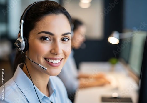 Friendly customer service representative smiling and wearing a headset in a modern office environment