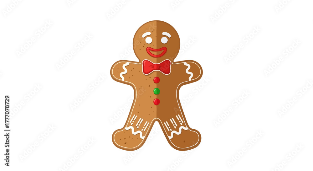 Obraz premium Cute Gingerbread Man Cookie Character with Red Bow Tie and Festive Buttons Isolated on White Background Perfect for Christmas and Holiday Designs
