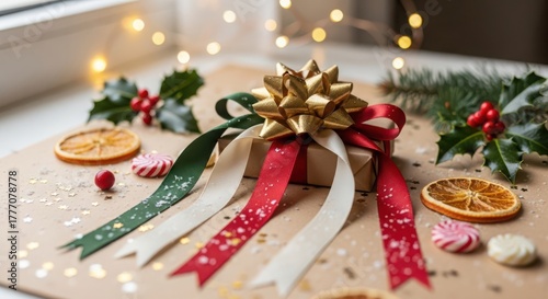 Festive christmas gift with ribbons, dried orange slices, holly, and fairy lights for a cozy holiday season celebration