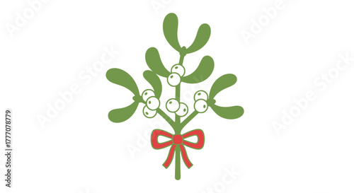 Festive Mistletoe Sprig with Red Ribbon Holiday Decoration Vector Art