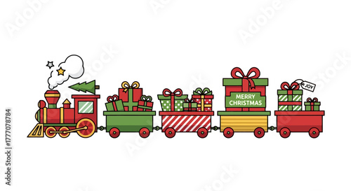 Christmas Gift Train Illustration Festive Holiday Delivery of Presents by Steam Engine