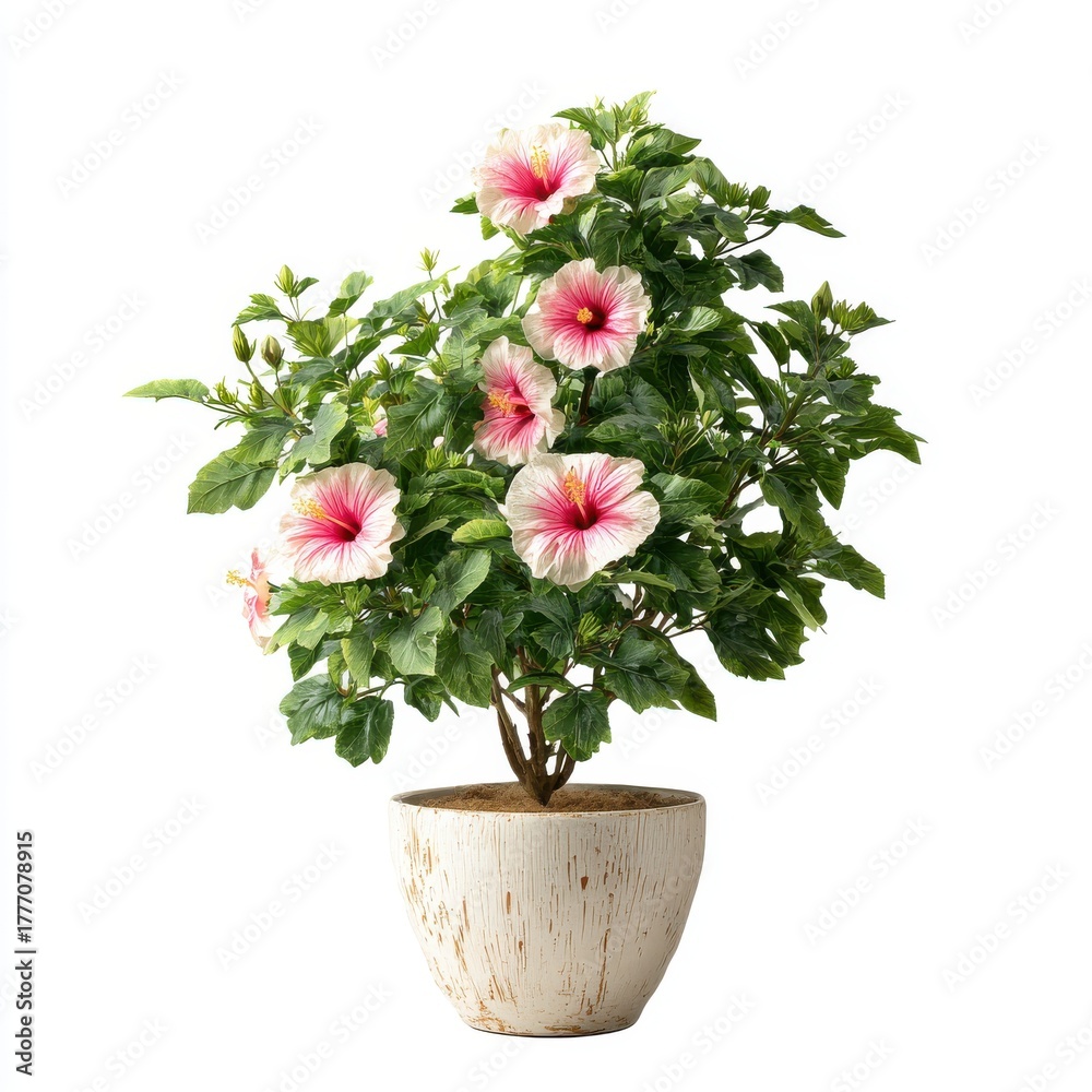Obraz premium Pink and White Hibiscus Plant in Beige Pot