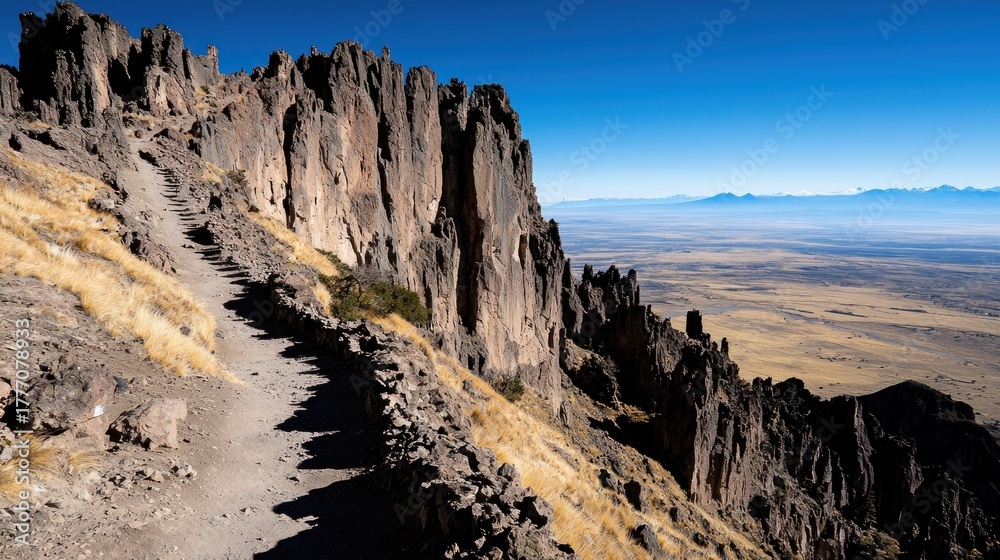 Obraz premium A rugged mountain trail winds past towering rock formations, offering stunning views of a distant plain under a clear blue sky